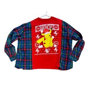 Pokemon Pikachu Christmas Sweater look upcycled t-shirt flannel shirt XL